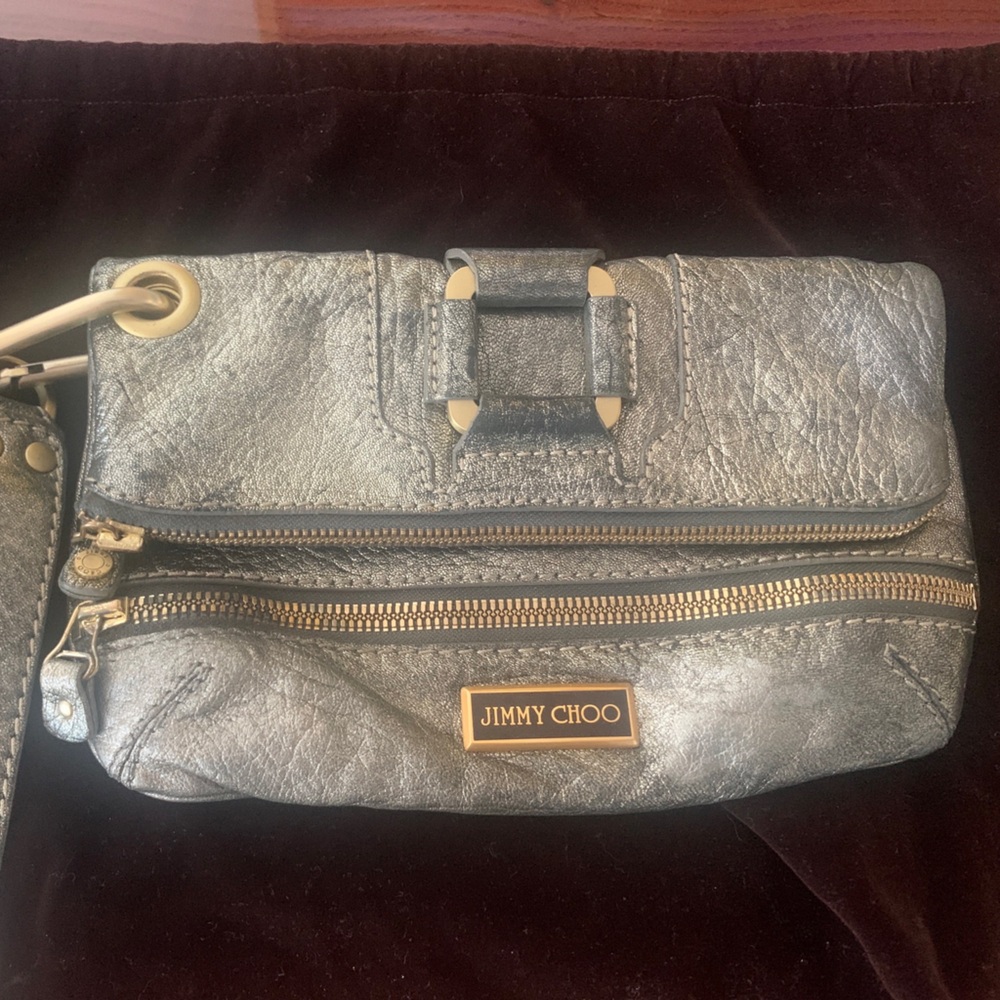Jimmy Choo Bronze Metallic Leather Soft Clutch Fold Over Wristlet Bag, Elegant